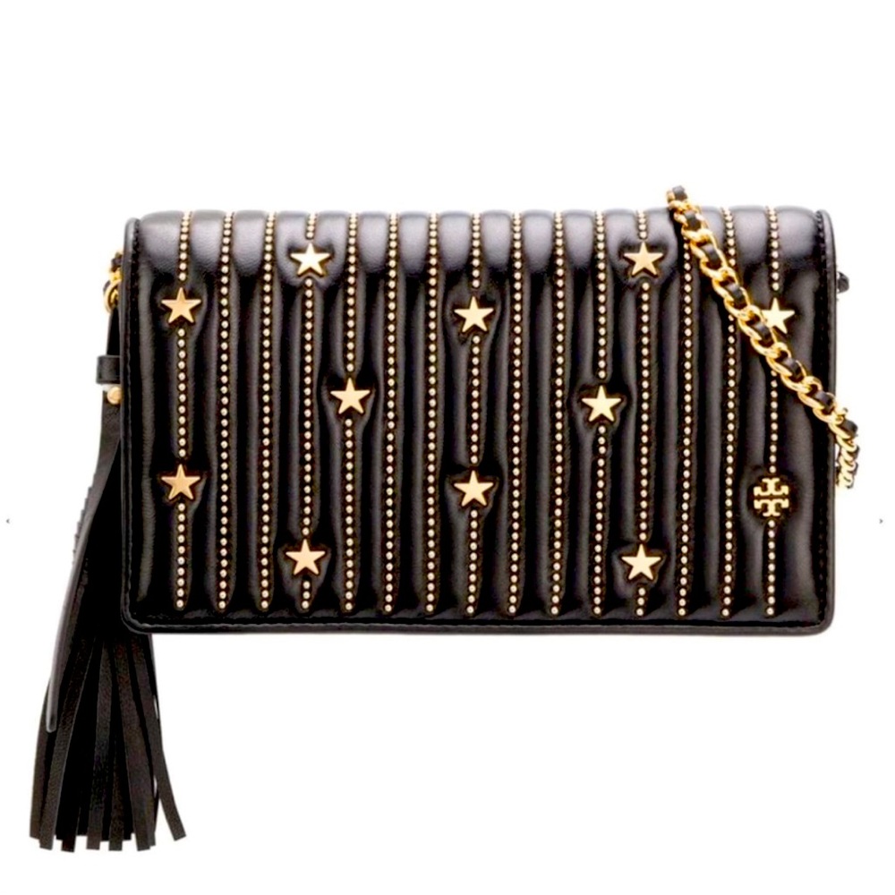 Tory Burch Star Studded Crossbody Wallet Black with Gold Stars and Chain